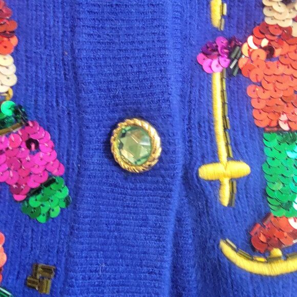 VTG Marisa Christina Classics Lambswool Angora Christmas Sequin Cardigan Blue S - Picture 9 of 16